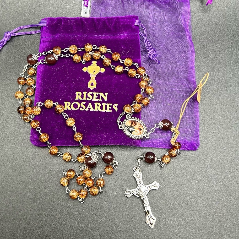 Risen Rosaries rosary Brown Silver tone #395 New in package Catholic Cross
